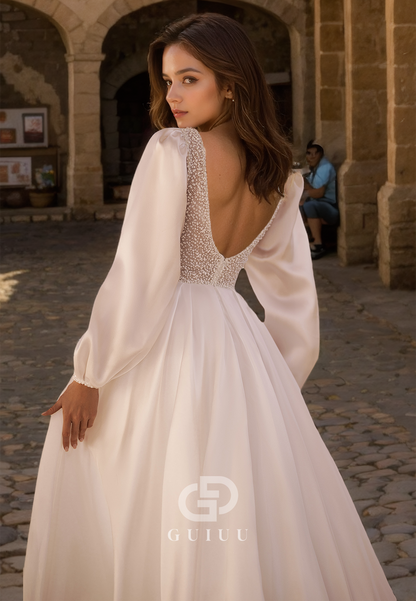 Beaded Plunging V-Neck A-Line Wedding Dress with Long Sleeves