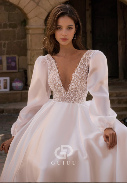 Beaded Plunging V-Neck A-Line Wedding Dress with Long Sleeves