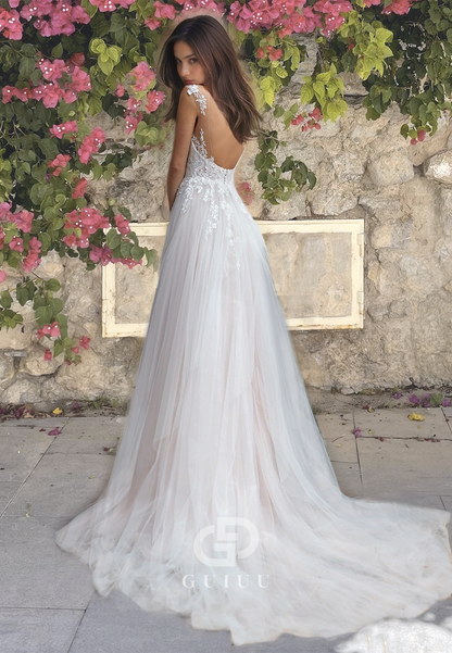 Beaded Ruched Long Wedding Dress Tulle V-Neck Open Back with  Straps and Lace Appliques