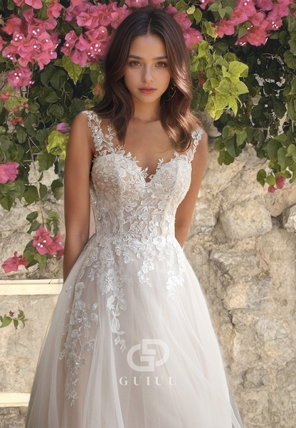 Beaded Ruched Long Wedding Dress Tulle V-Neck Open Back with  Straps and Lace Appliques