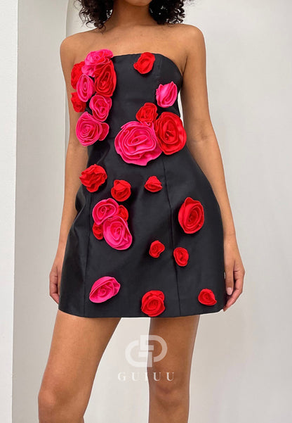 Black A-Line Floral Appliques Mini Homecoming Dress