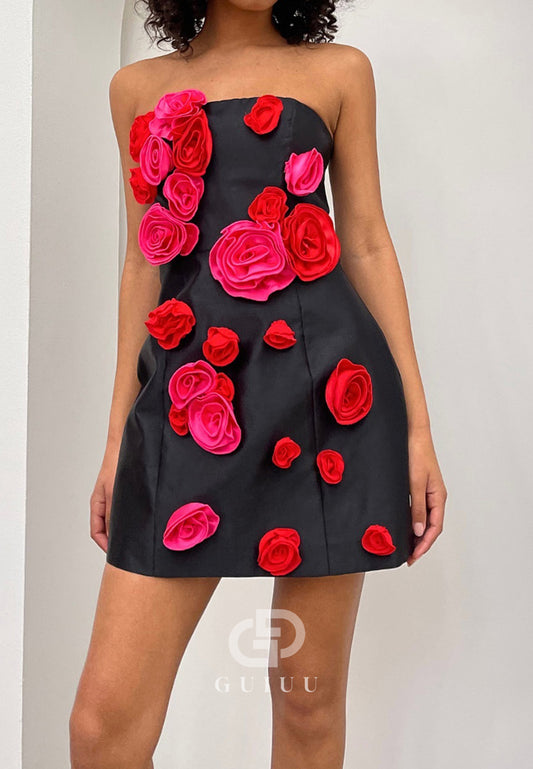 Black A-Line Floral Appliques Mini Homecoming Dress
