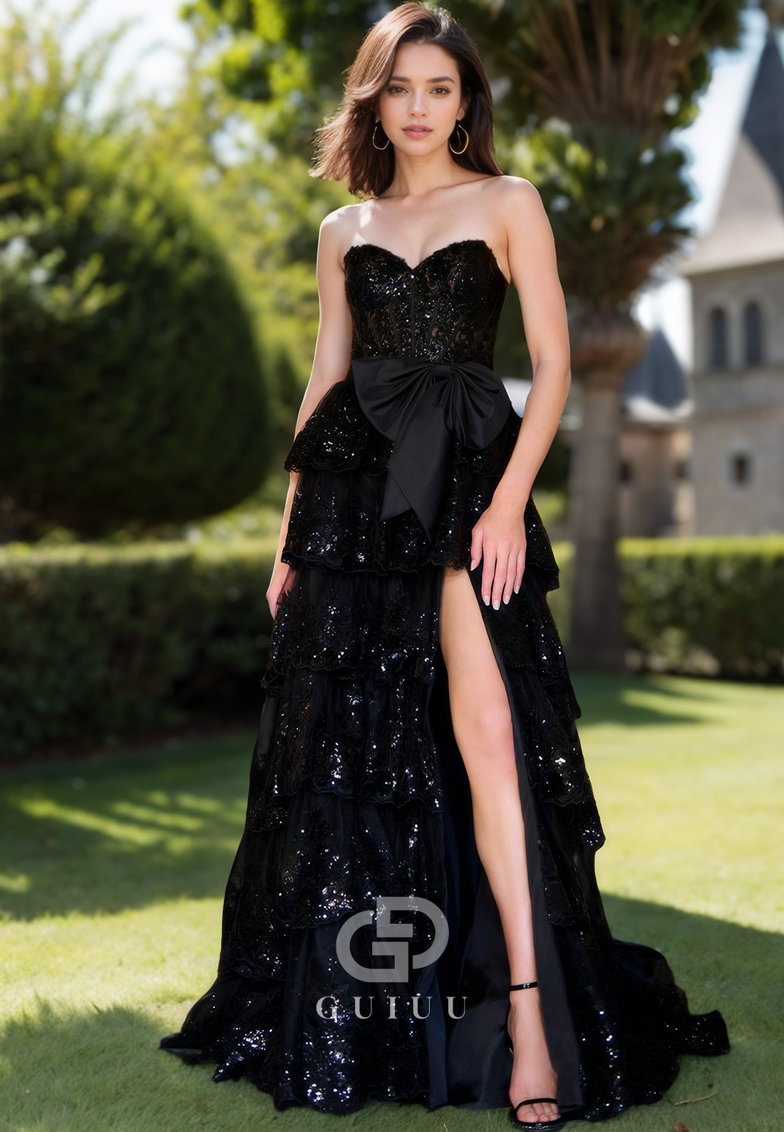Black A-Line Sleeveless Prom Dress with Ruffles Slit Evening Party Dress