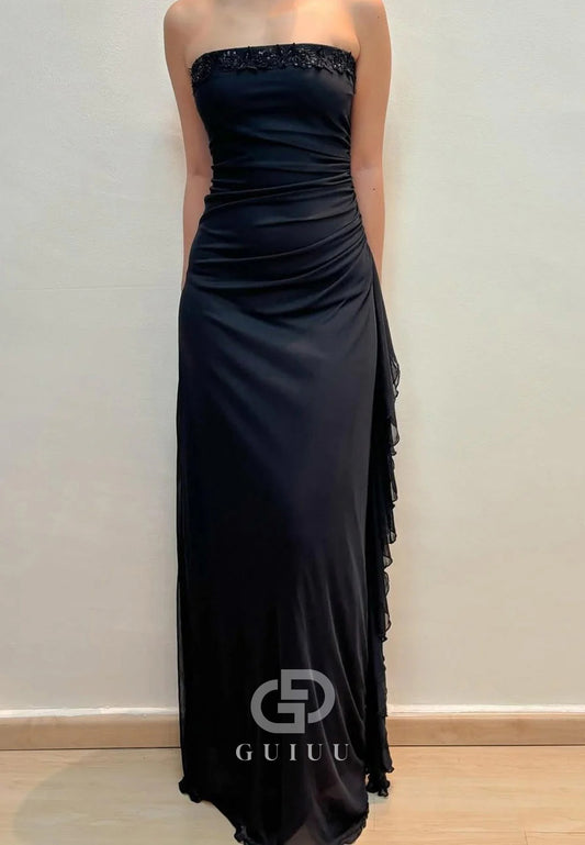 Black A-Line Strapless Empire-Waist Pleats Appliques Long Prom Dress