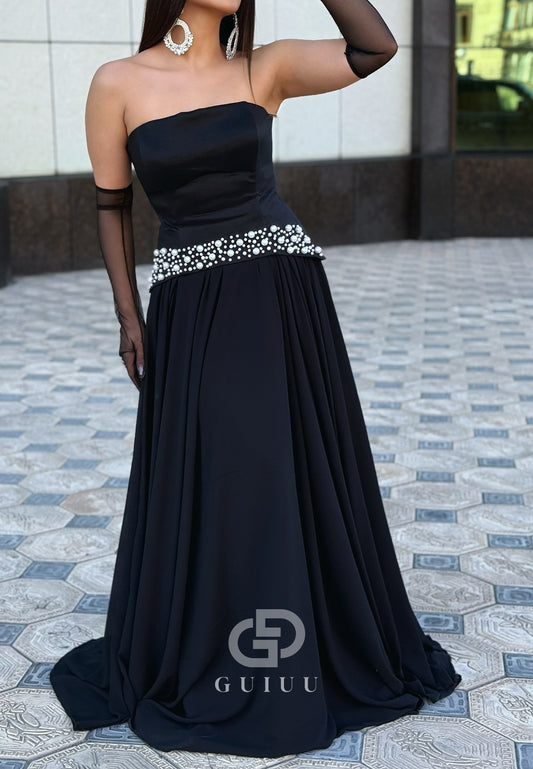 Black A-Line Strapless Sleeveless Pearls Evening Dress