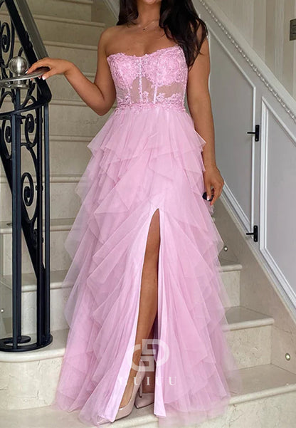 A-Line Strapless Tulle Tiered Long Prom Dress with Appliques