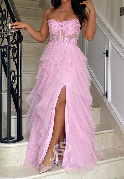 A-Line Strapless Tulle Tiered Long Prom Dress with Appliques