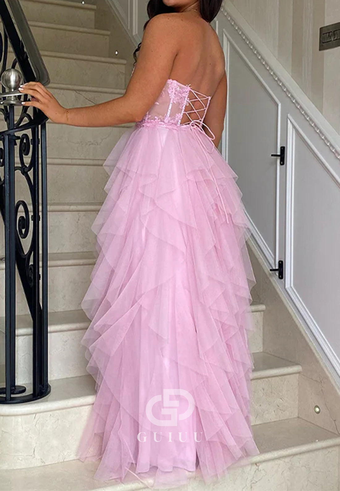 A-Line Strapless Tulle Tiered Long Prom Dress with Appliques