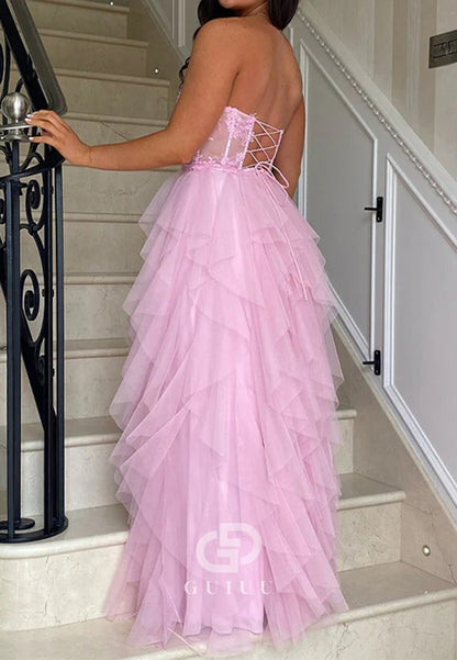 A-Line Strapless Tulle Tiered Long Prom Dress with Appliques