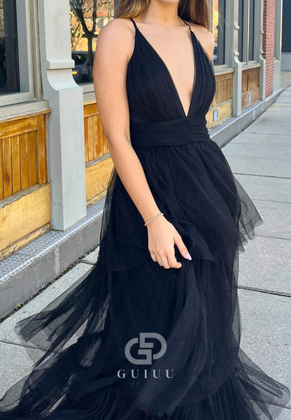 Black A-Line Deep V-Neck Cross Back Tulle Multi-Layers Long Prom Dress