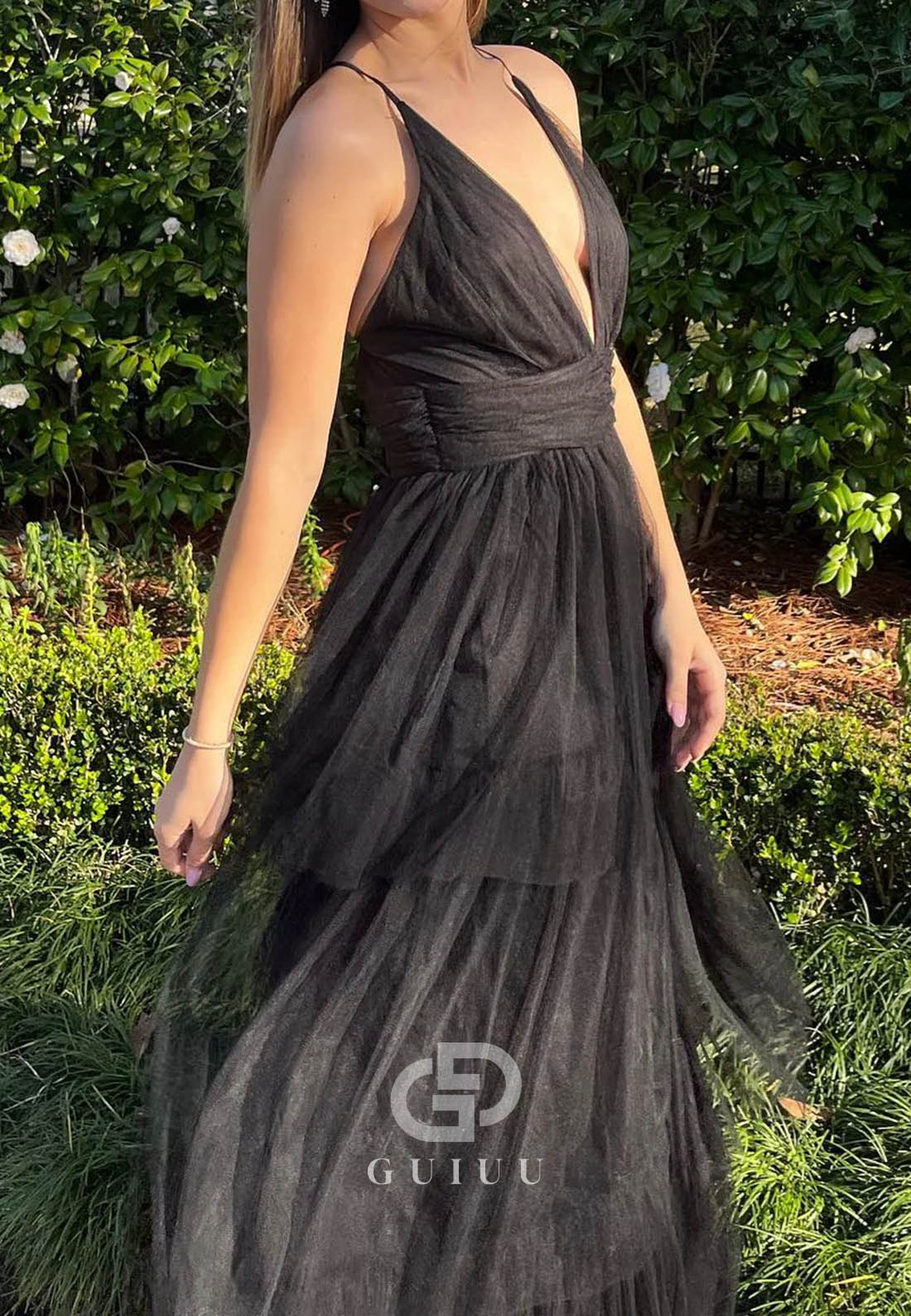 Black A-Line Deep V-Neck Cross Back Tulle Multi-Layers Long Prom Dress