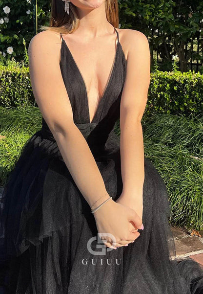 Black A-Line Deep V-Neck Cross Back Tulle Multi-Layers Long Prom Dress