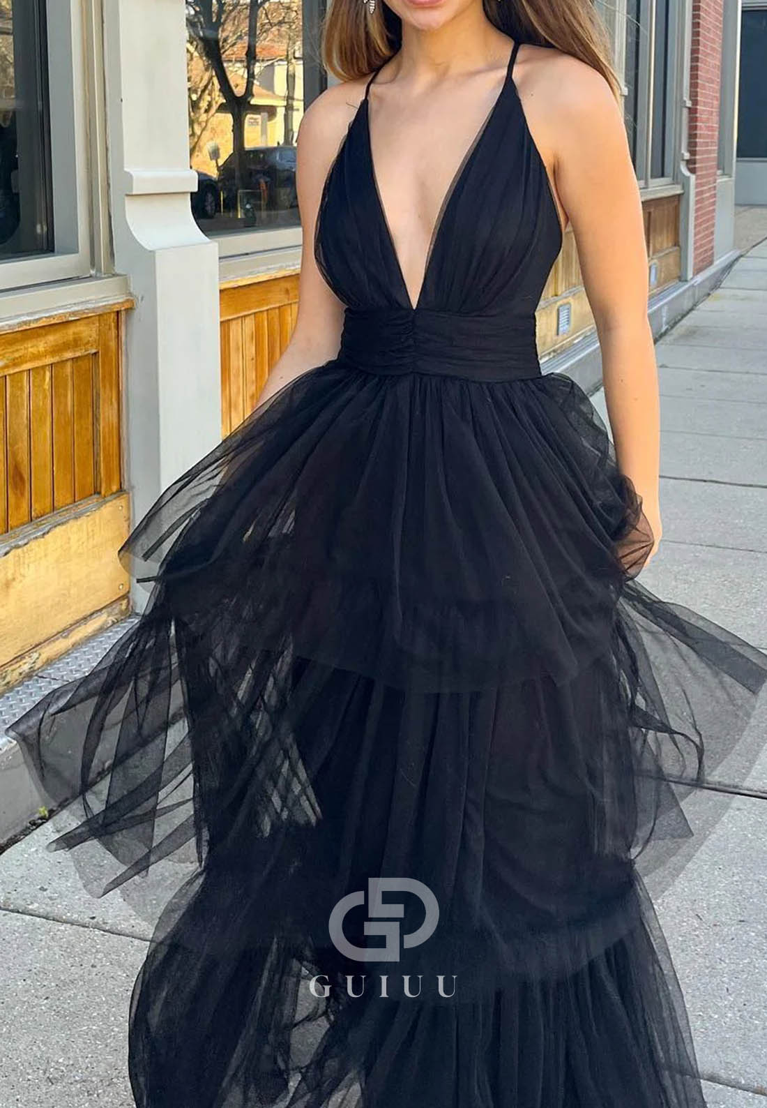 Black A-Line Deep V-Neck Cross Back Tulle Multi-Layers Long Prom Dress