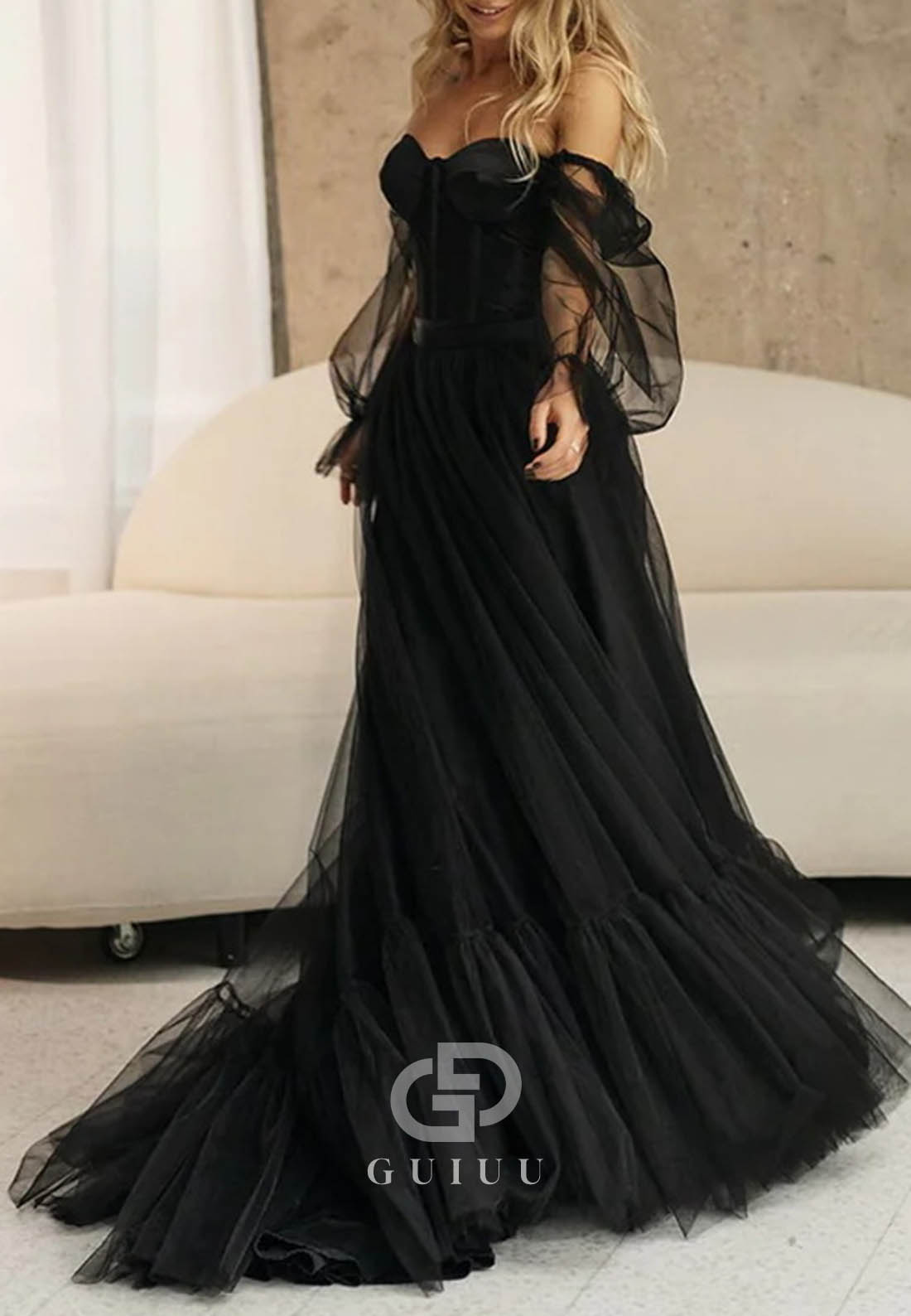 Black Corset Princess Long Sleeves Wedding Dress