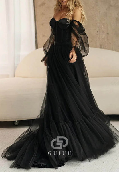 Black Corset Princess Long Sleeves Wedding Dress