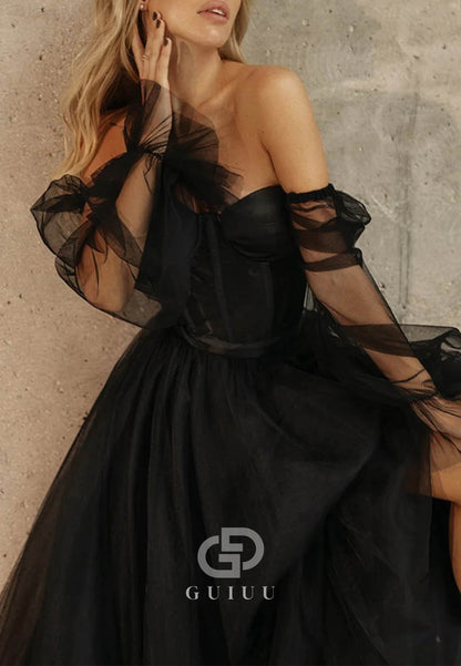 Black Corset Princess Long Sleeves Wedding Dress