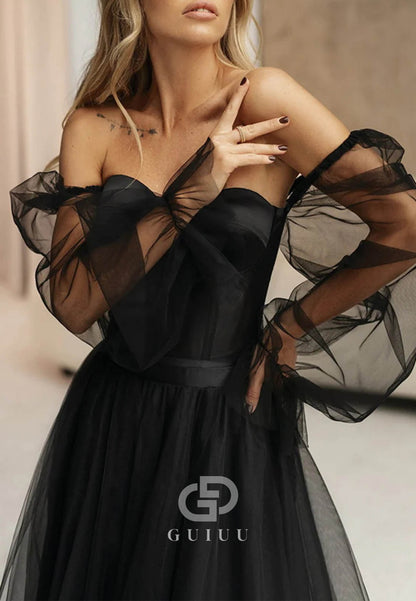 Black Corset Princess Long Sleeves Wedding Dress