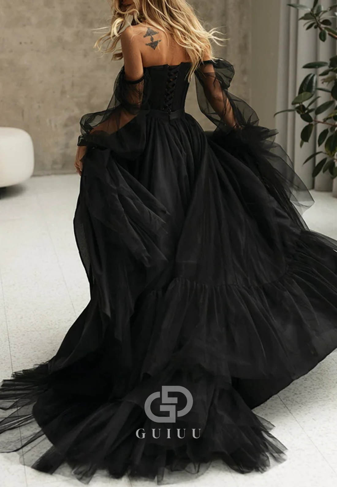 Black Corset Princess Long Sleeves Wedding Dress