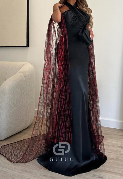 Black Halter Sleeveless Cape Ruched Prom Dress