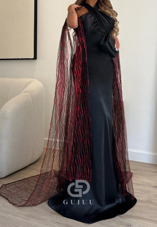 Black Halter Sleeveless Cape Ruched Prom Dress