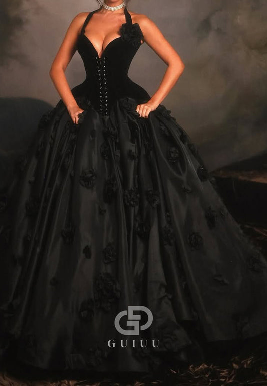 Black Halter Sleeveless Corset A-Line Evening Dress