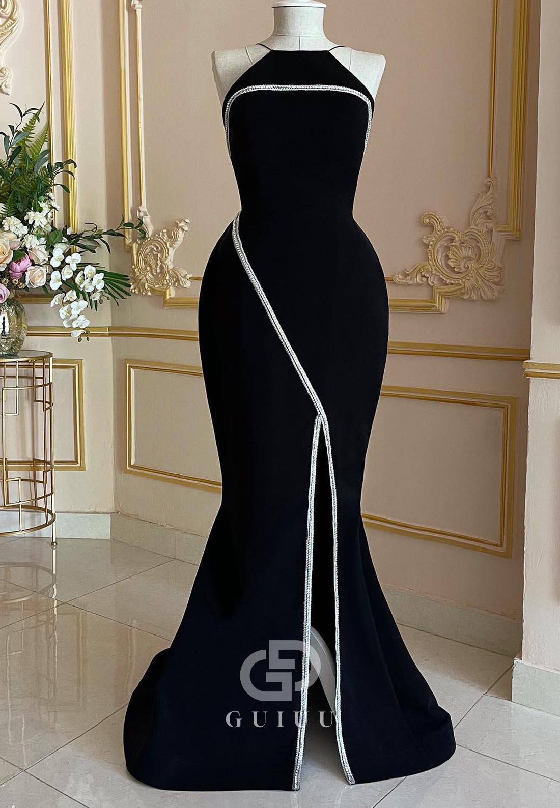 Black Halter Sleeveless Sequins Mermaid Evening Dress