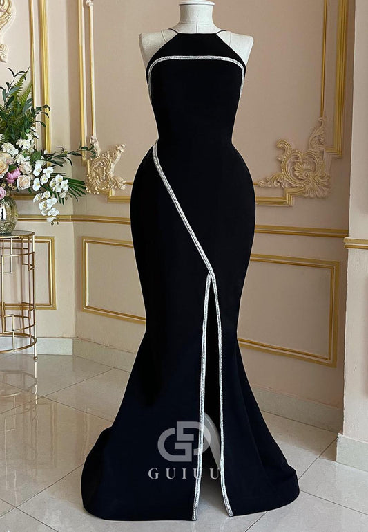 Black Halter Sleeveless Sequins Mermaid Evening Dress