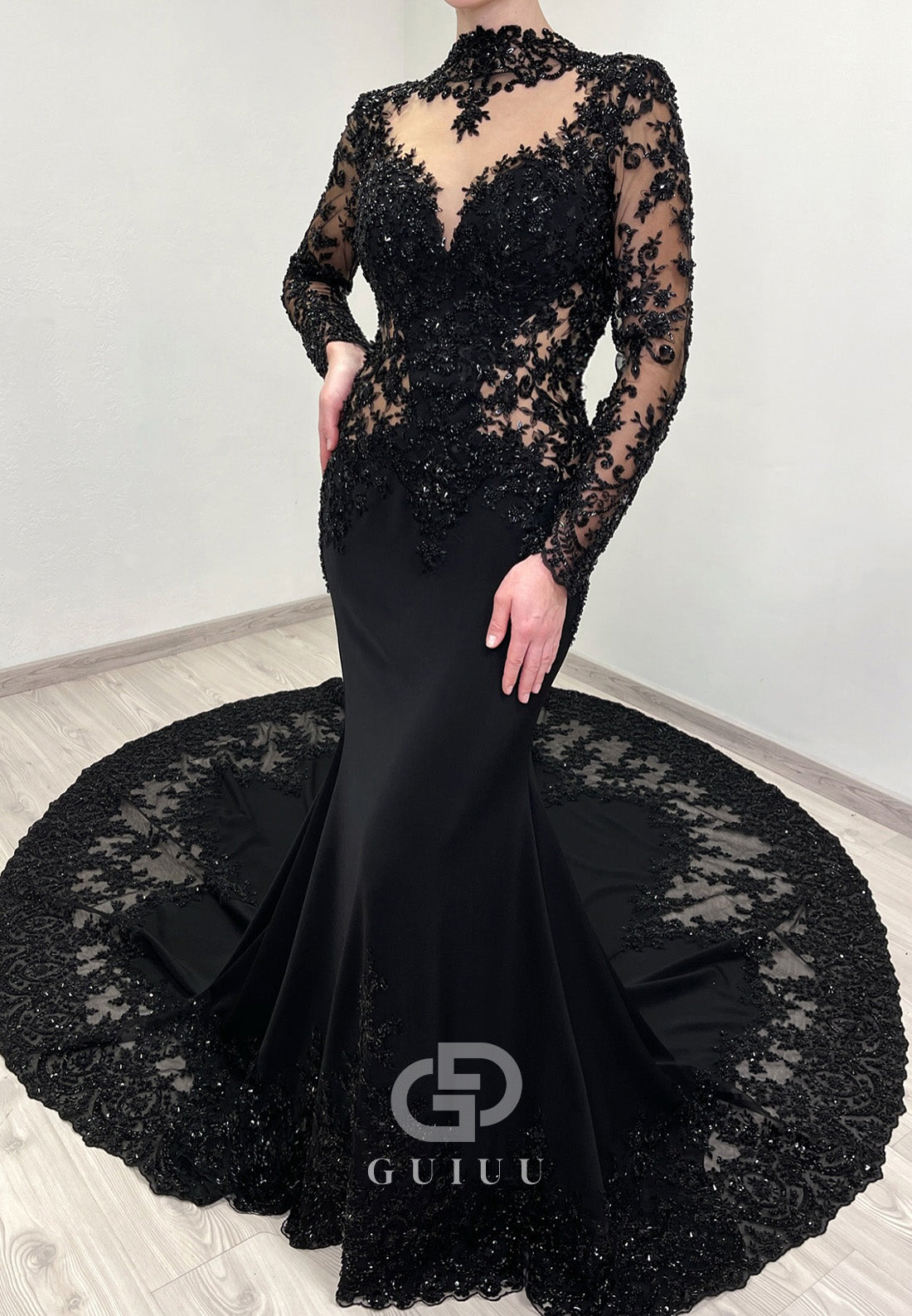 Black High Neck Long Sleeves Backless Mermaid Wedding Dress