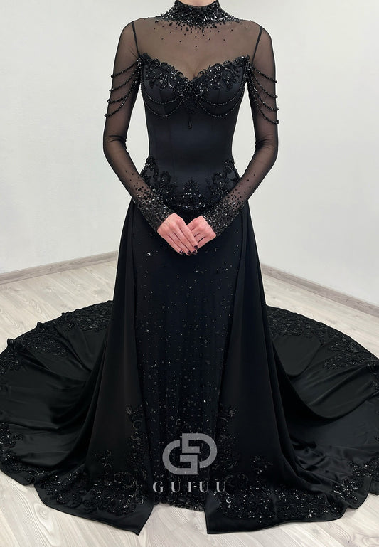 Black High Neck Long Sleeves Sweep Train Wedding Dress