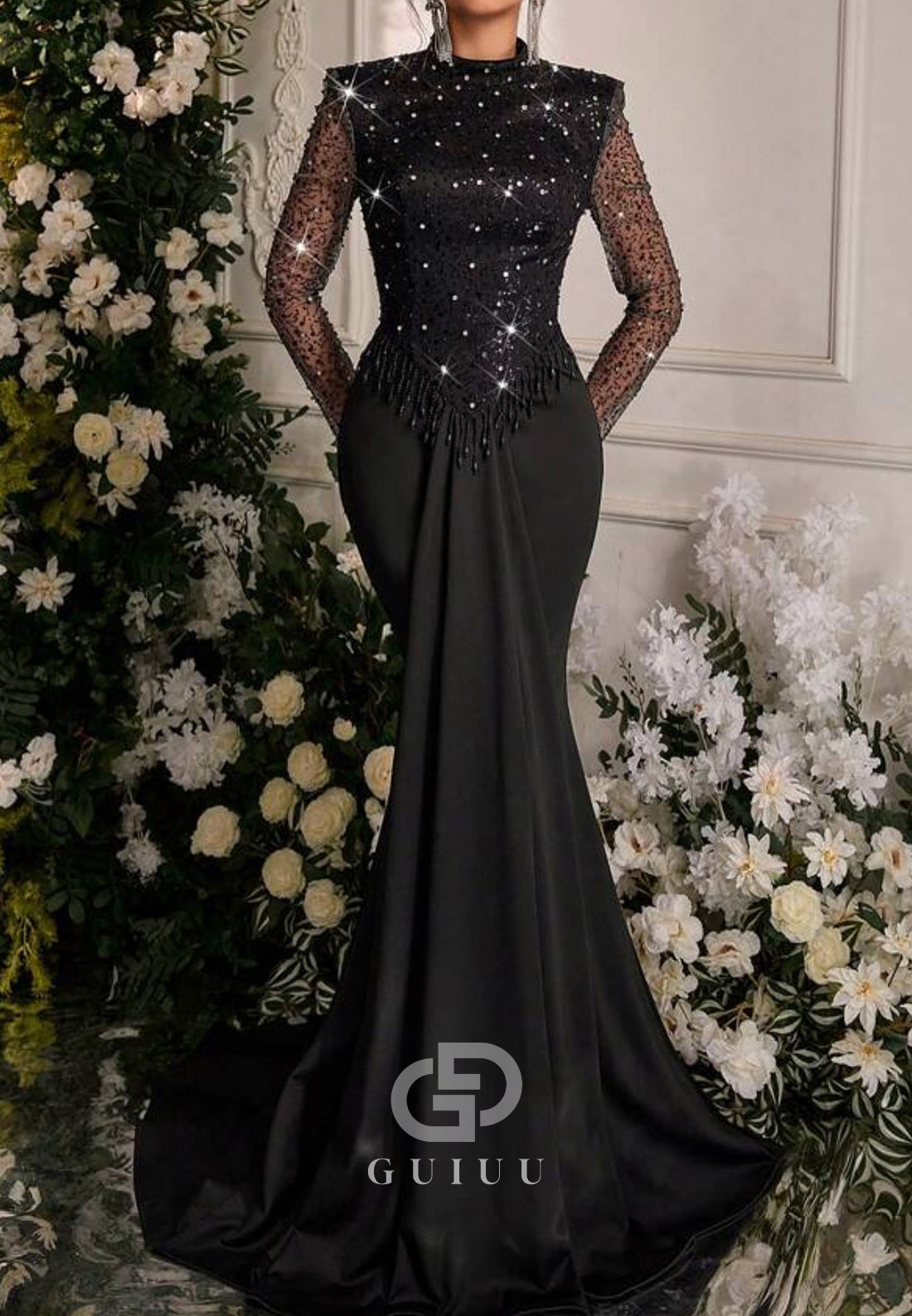 Black High Neck Sequins Mermaid Evening Dress