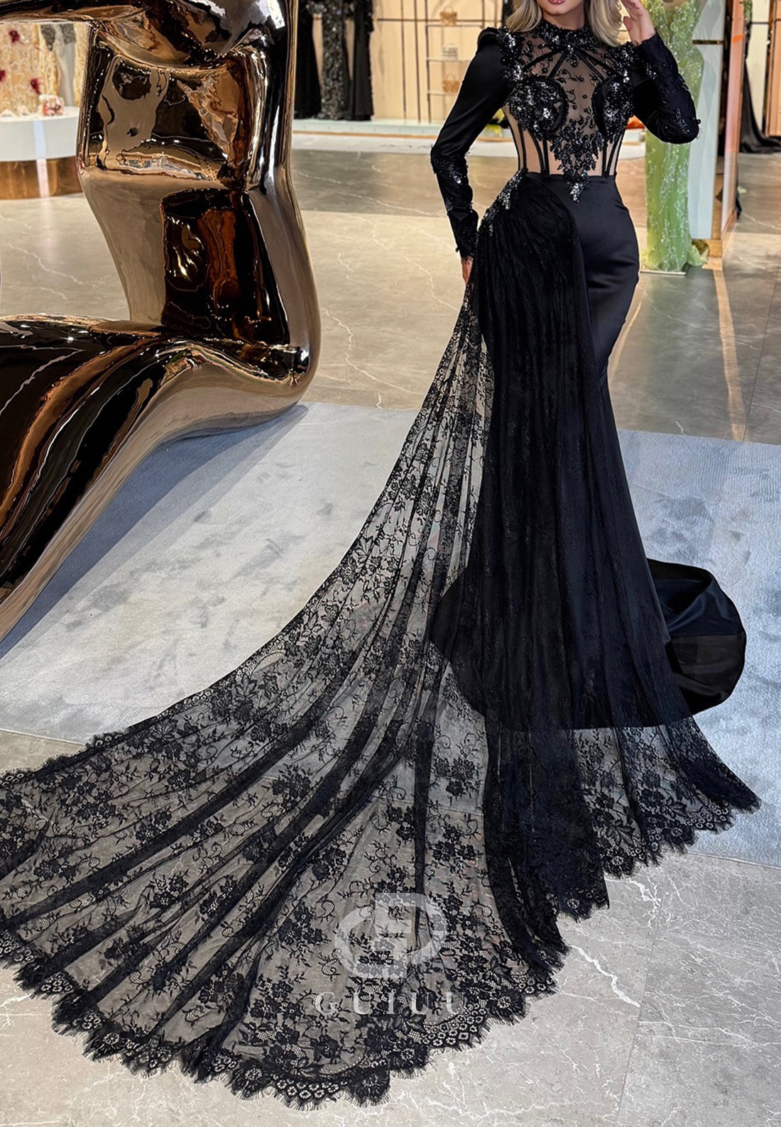 Black Long Sleeves High Neck Corset Mermaid Evening Dress