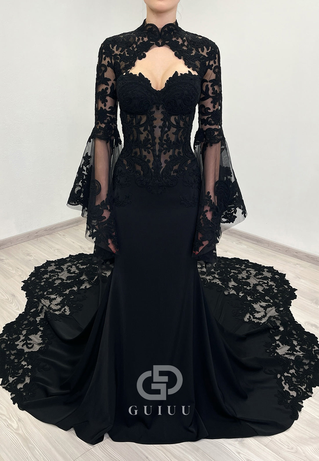 Black Long Sleeves High Neck Mermaid Lace Wedding Dress
