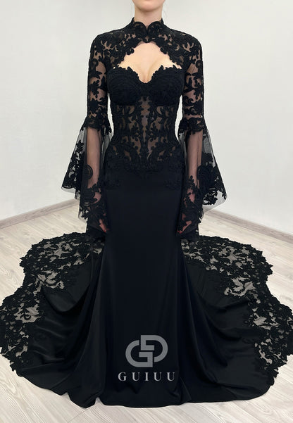 Black Long Sleeves High Neck Mermaid Lace Wedding Dress