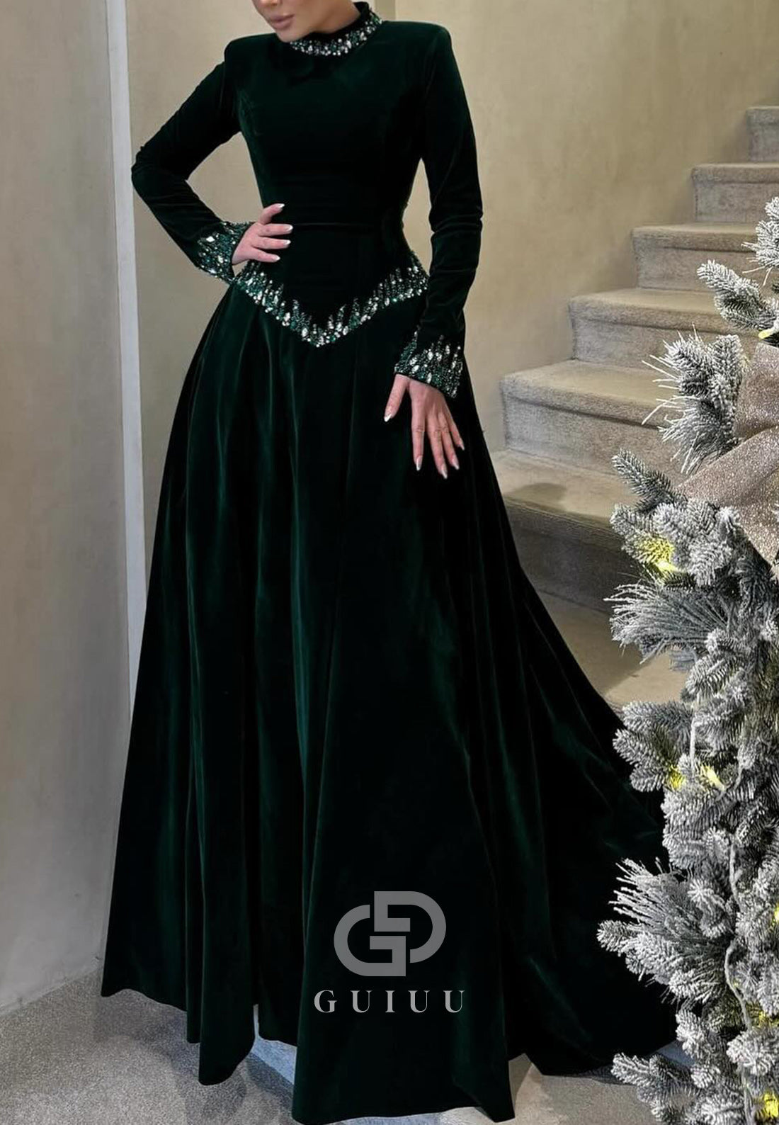 Black Long Sleeves High Neck Sequins Corset Evening Dress
