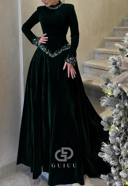 Black Long Sleeves High Neck Sequins Corset Evening Dress