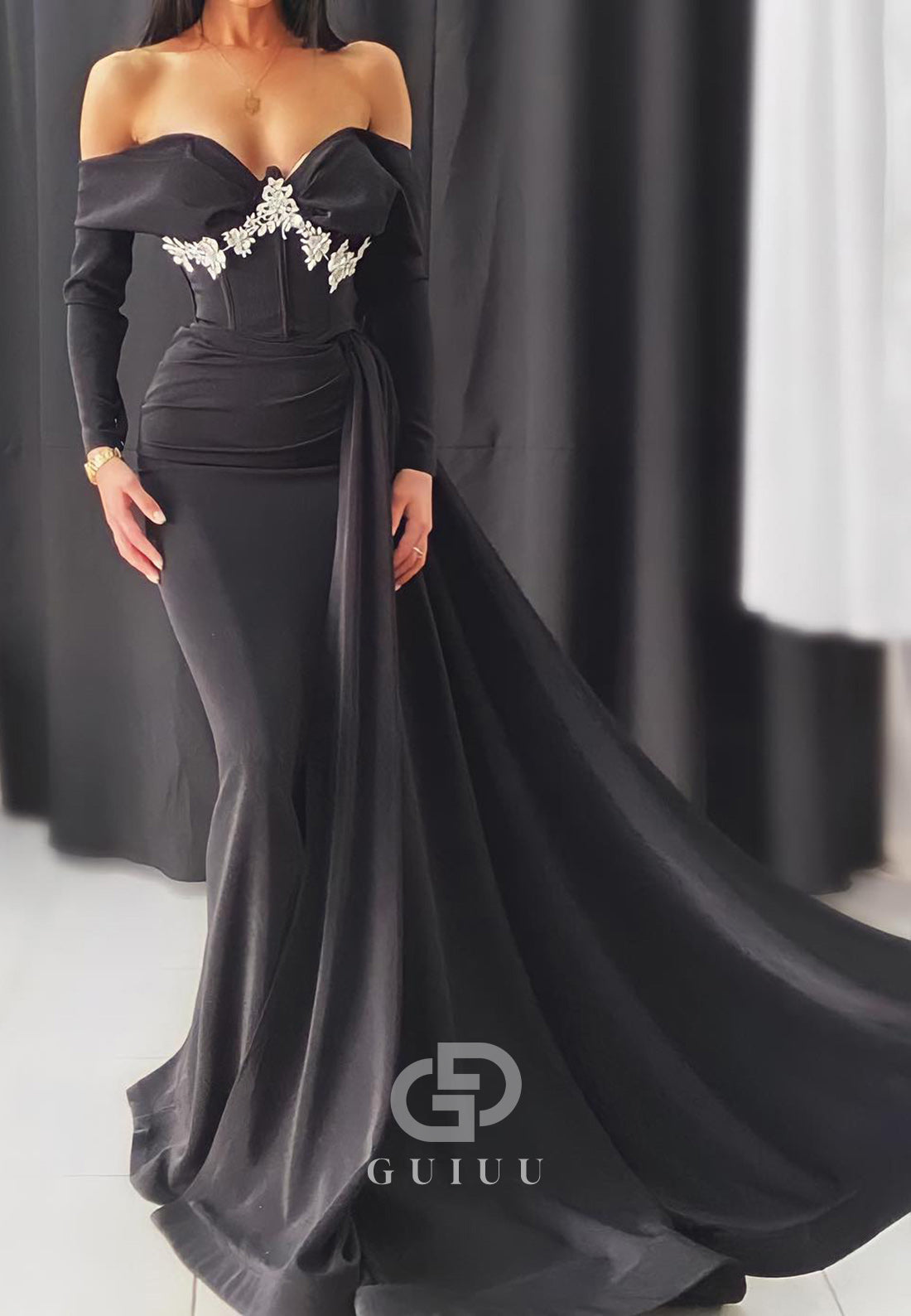 Black Long Sleeves Off-Shoulder Beads Slit Evening Dress