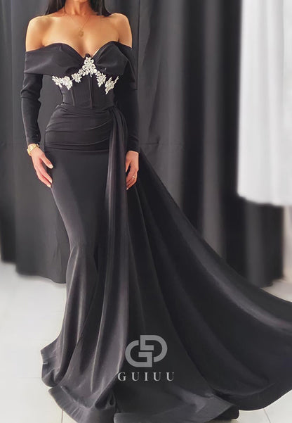 Black Long Sleeves Off-Shoulder Beads Slit Evening Dress