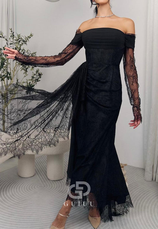 Black Long Sleeves Off-Shoulder Lace Evening Dress