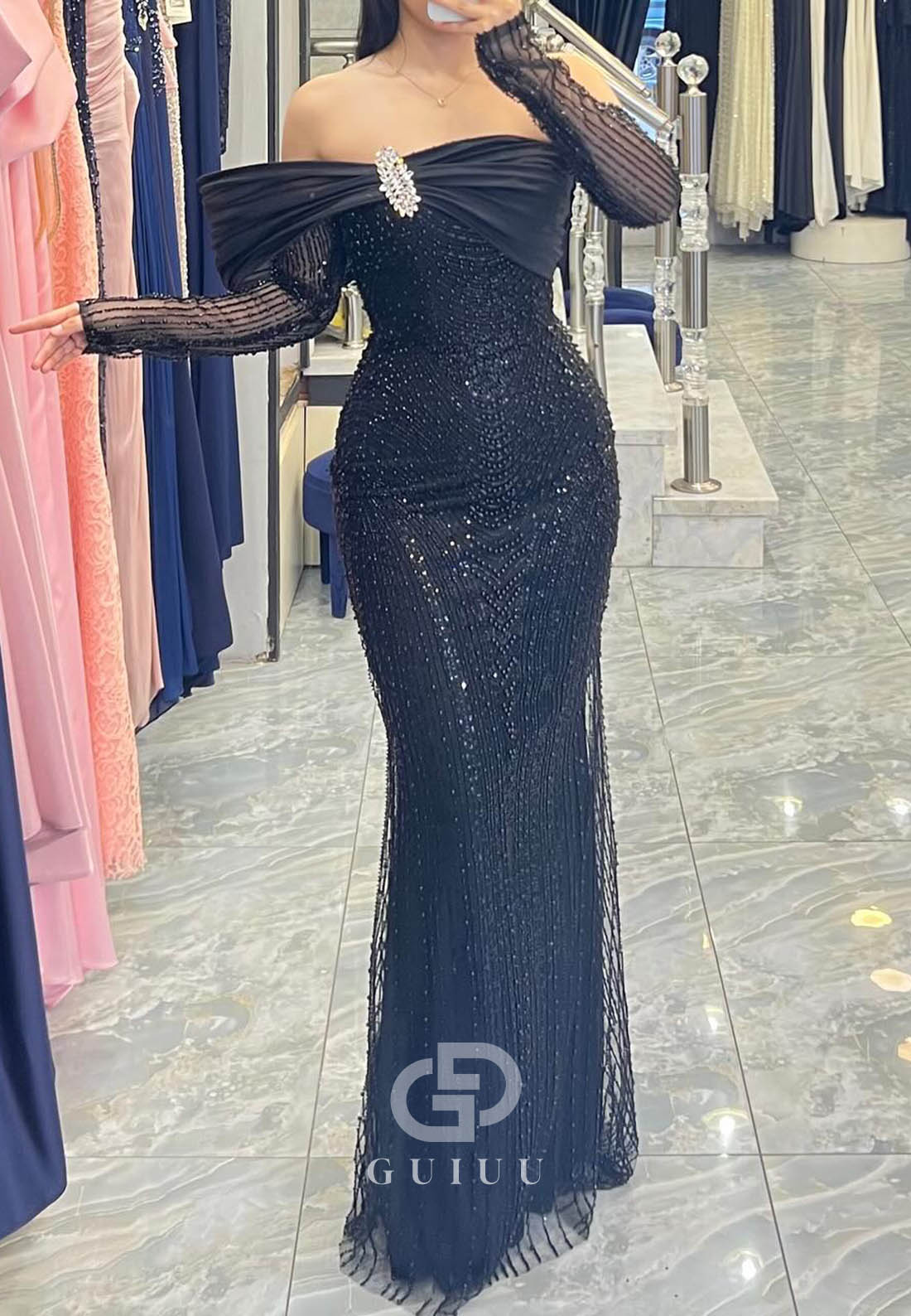 Black Long Sleeves Off-Shoulder Sheath Sequins Prom Dress