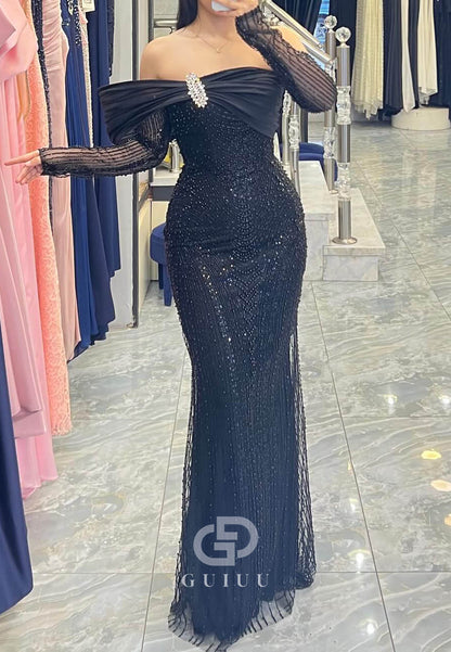 Black Long Sleeves Off-Shoulder Sheath Sequins Prom Dress