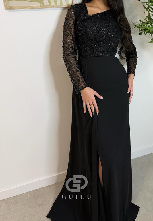 Black Long Sleeves Prom Dress with Sequins Floor-Length Formal Dress