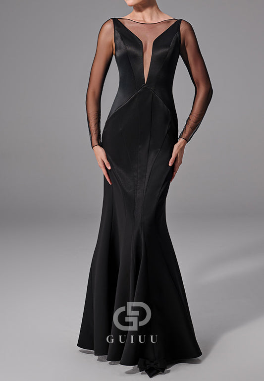 Black Long Sleeves Scoop Floor-Length Evening Dress