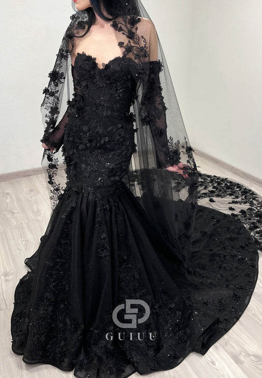 Black Long Sleeves Scoop Floral Appliques Wedding Dress