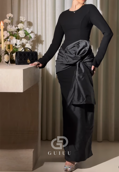Black Long Sleeves Scoop Ruched Bowknot Evening Dress