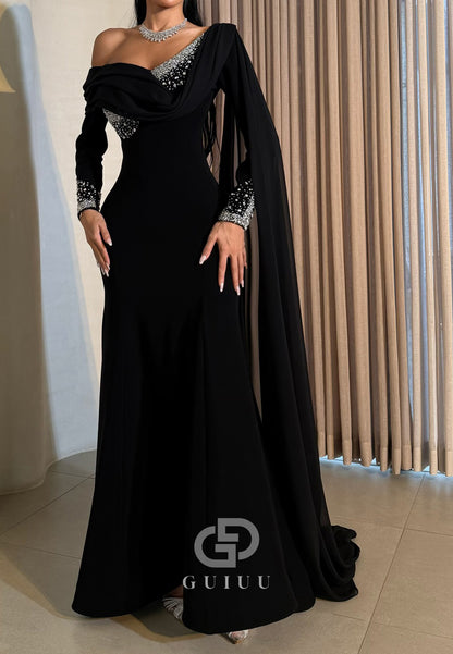 Black Long Sleeves Sequins Ruched Evening Dress