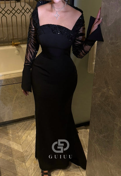 Black Long Sleeves Square A-Line Evening Dress