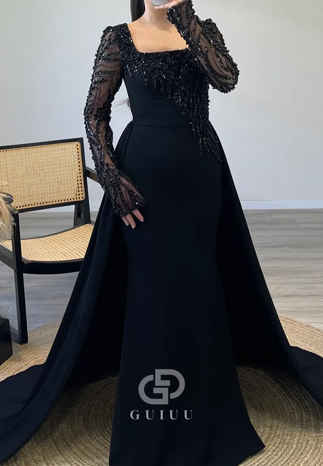 Black Long Sleeves Square Sequins A-Line Evening Dress