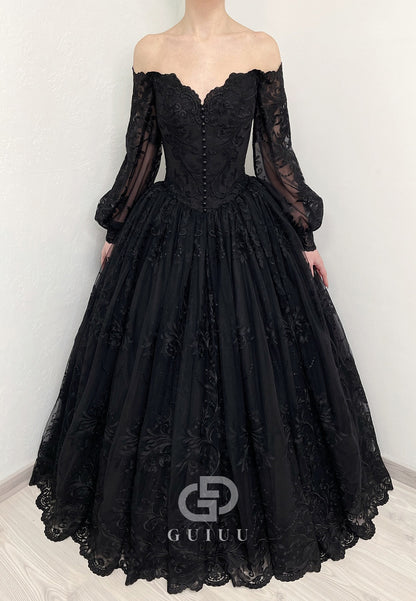 Black Long Sleeves Sweetheart A-Line Wedding Dress