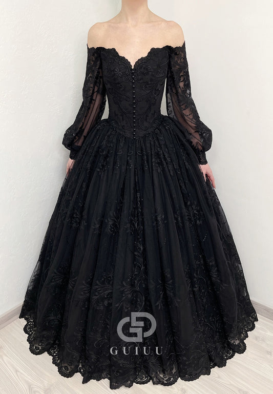 Black Long Sleeves Sweetheart A-Line Wedding Dress