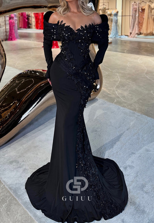 Black Long Sleeves Sweetheart Appliques Mermaid Evening Dress